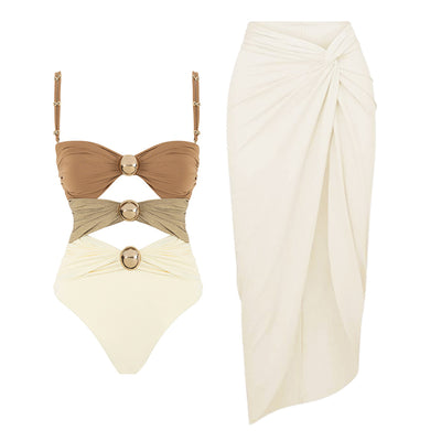 Pink, black, and dark gray color-block one-piece swimsuit with gold round buckles and a sheer black maxi skirt. - Image 27