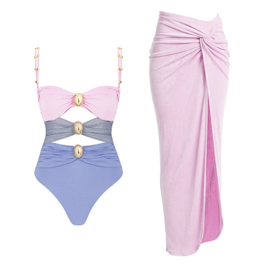 Pink, black, and dark gray color-block one-piece swimsuit with gold round buckles and a sheer black maxi skirt. - Image 35