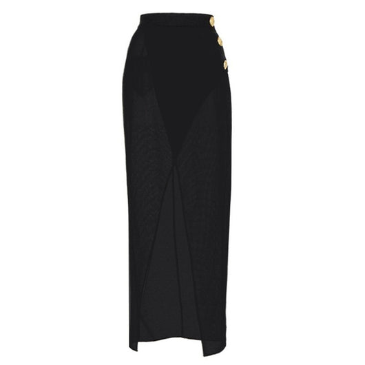 Pink, black, and dark gray color-block one-piece swimsuit with gold round buckles and a sheer black maxi skirt. - Image 47