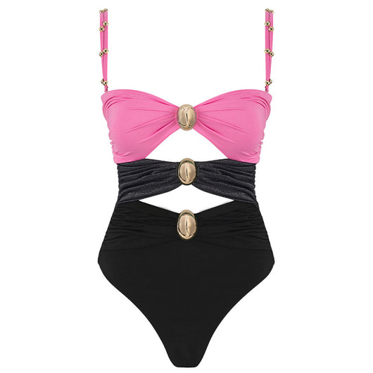 Pink, black, and dark gray color-block one-piece swimsuit with gold round buckles and a sheer black maxi skirt. - Image 57