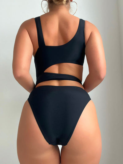 Black one-piece swimsuit with a square neckline, wide straps, and high-cut bottom, featuring a hollow-out midriff design. - Image 16