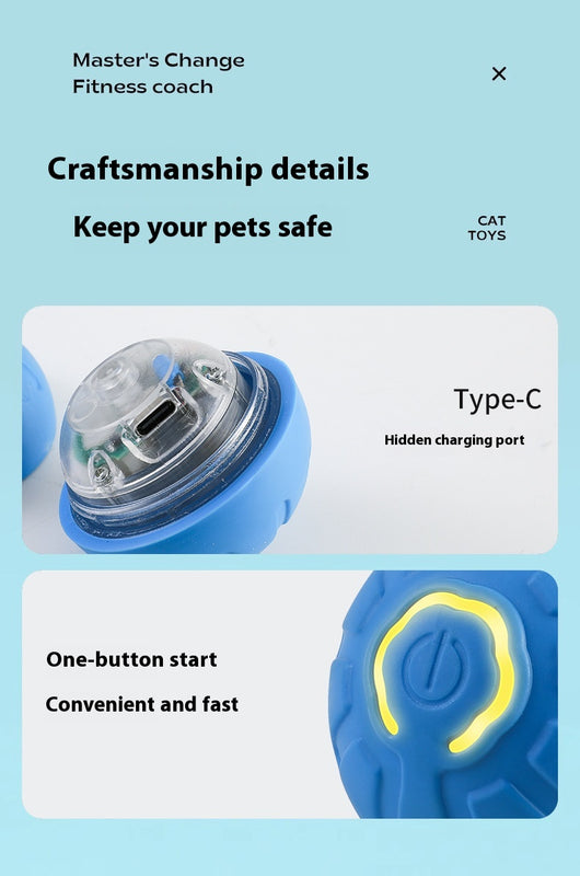 Blue smart pet toy ball with a glowing yellow power button, an electronic interactive toy for dogs and cats. - Image 29