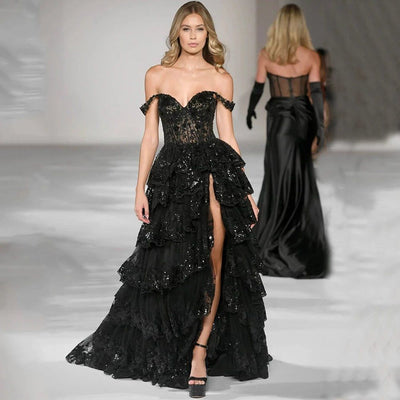 Vestido de Noche Negro de Satén Estilo Francés para Mujer - Image 20
