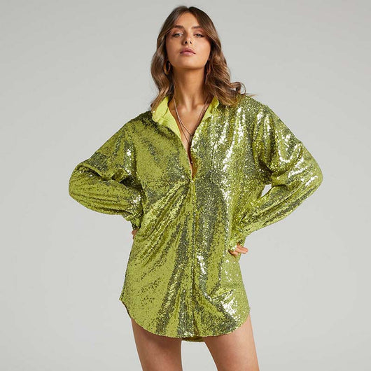 Vestido Camisero con Lentejuelas en Solapa y Manga Larga - Image 18