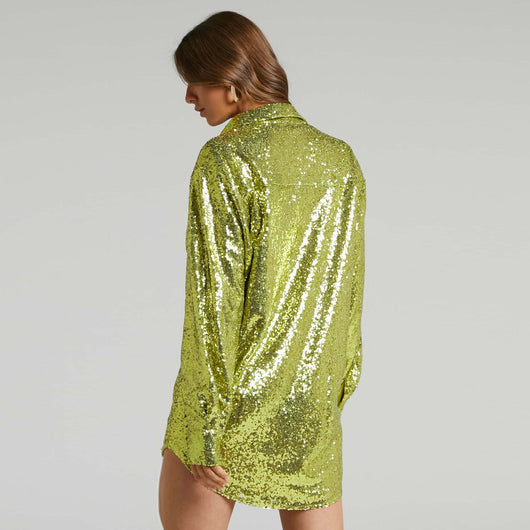 Vestido Camisero con Lentejuelas en Solapa y Manga Larga - Image 20