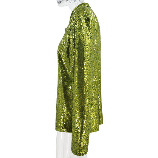 Vestido Camisero con Lentejuelas en Solapa y Manga Larga - Image 28