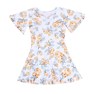 Women's white high-waisted swimsuit with yellow floral print, V-neck, ruffled short sleeves, and ruffled hem. - Image 15
