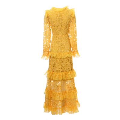 Vestido Largo de Manga Larga con Encaje y Pespuntes - Image 13