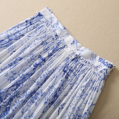 Falda Plisada Floral Azul en Algodón Ligero con Pájaros - Image 10