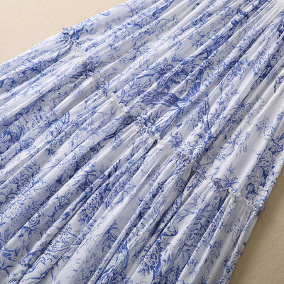 Falda Plisada Floral Azul en Algodón Ligero con Pájaros - Image 11
