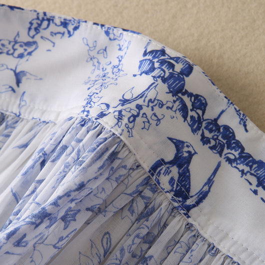 Falda Plisada Floral Azul en Algodón Ligero con Pájaros - Image 15