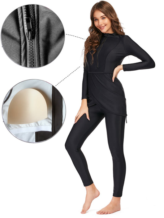 Woman wearing a black conservative Muslim swimsuit with a long-sleeved top, draped peplum, leggings, and swim turban. - Image 9