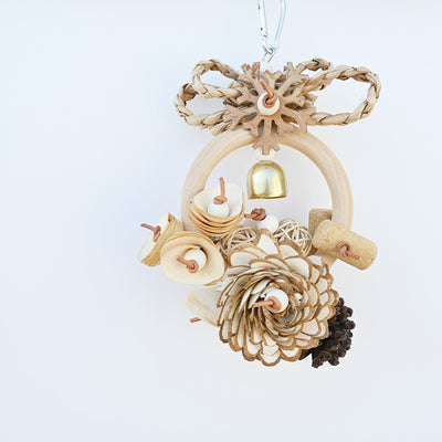 Natural wood and plant fiber bird toy with a ring, pine cones, wood slices, rattan balls, a bell, and a metal clip. - Image 9