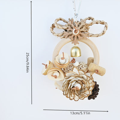 Natural wood and plant fiber bird toy with a ring, pine cones, wood slices, rattan balls, a bell, and a metal clip. - Image 10