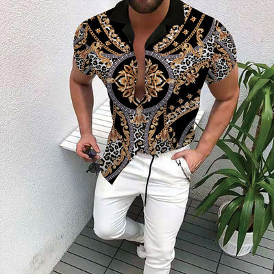men's short-sleeved collared shirt, shirt, black, gold, white, casual, fashion - Image 12