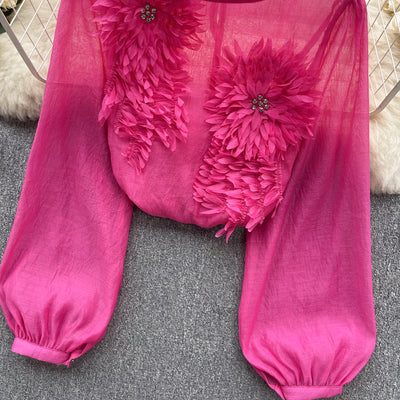 Blusa Slim Fit con Flores 3D y Mangas Abullonadas para Mujer - Image 13
