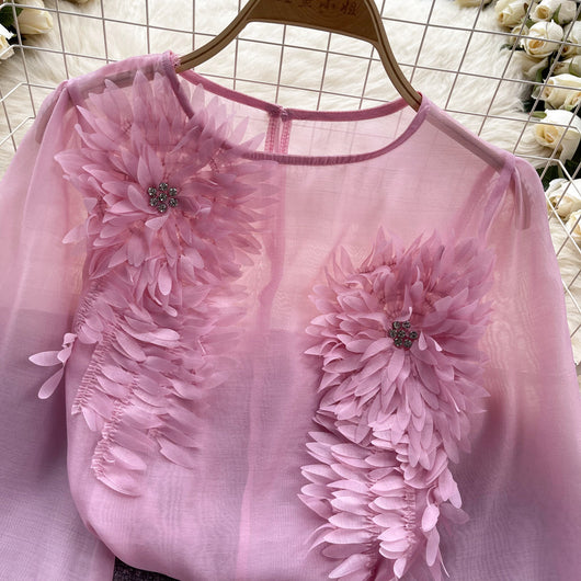 Blusa Slim Fit con Flores 3D y Mangas Abullonadas para Mujer - Image 14