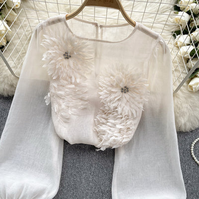 Blusa Slim Fit con Flores 3D y Mangas Abullonadas para Mujer - Image 15