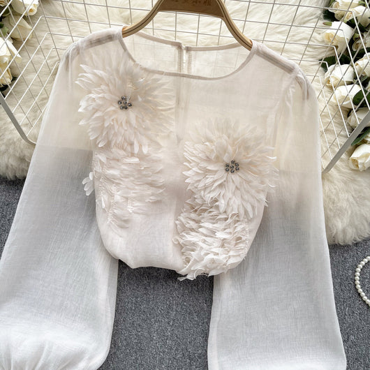 Blusa Slim Fit con Flores 3D y Mangas Abullonadas para Mujer - Image 15