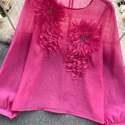 Blusa Slim Fit con Flores 3D y Mangas Abullonadas para Mujer - Image 16