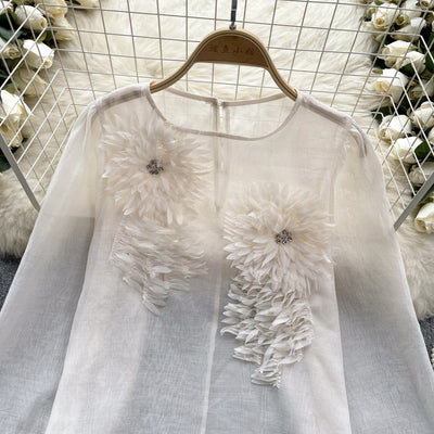 Blusa Slim Fit con Flores 3D y Mangas Abullonadas para Mujer - Image 18