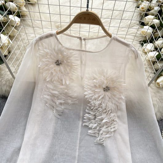 Blusa Slim Fit con Flores 3D y Mangas Abullonadas para Mujer - Image 18