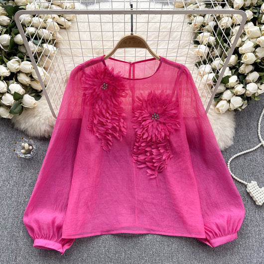 Blusa Slim Fit con Flores 3D y Mangas Abullonadas para Mujer - Image 20