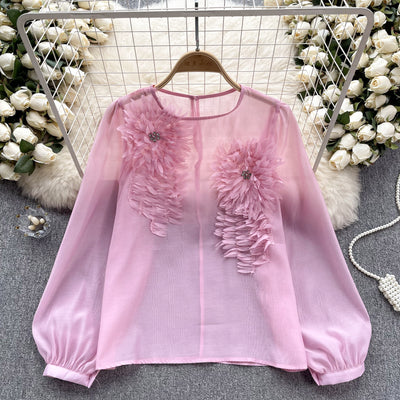Blusa Slim Fit con Flores 3D y Mangas Abullonadas para Mujer - Image 25