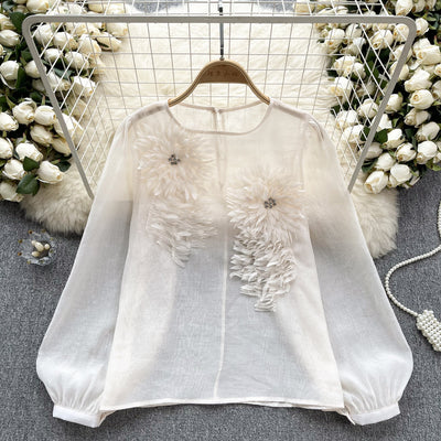 Blusa Slim Fit con Flores 3D y Mangas Abullonadas para Mujer - Image 28