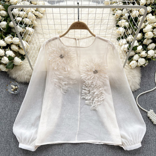 Blusa Slim Fit con Flores 3D y Mangas Abullonadas para Mujer - Image 28