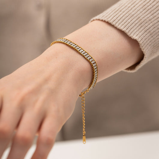 Pulsera de Oro 18K Dorada con Circonia Blanca en Doble Capa - Image 20