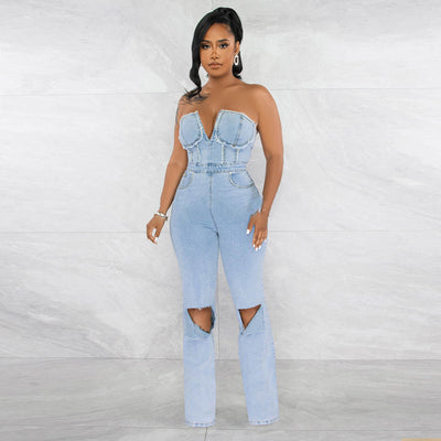 Jumpsuit Denim para Mujer con Escote V y Bolsillo Cremallera - Image 25