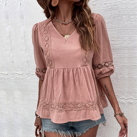 Blusa Muñeca con Encaje, Pliegues y Costuras Decorativas de Media Manga - Image 19