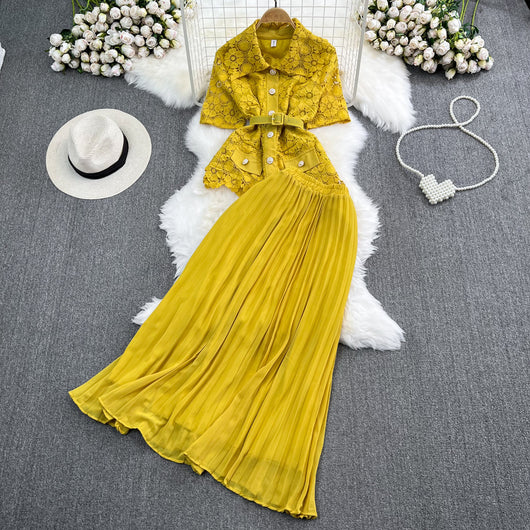 Conjunto Elegante: Blusa Suelta con Encaje y Falda Plisada de Cintura Alta - Image 14