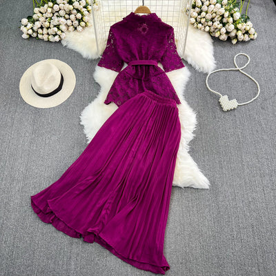 Conjunto Elegante: Blusa Suelta con Encaje y Falda Plisada de Cintura Alta - Image 17