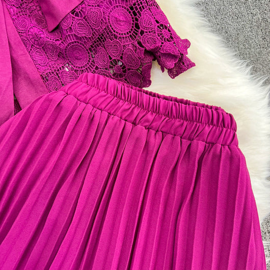 Conjunto Elegante: Blusa Suelta con Encaje y Falda Plisada de Cintura Alta - Image 25