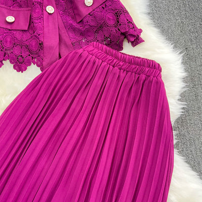Conjunto Elegante: Blusa Suelta con Encaje y Falda Plisada de Cintura Alta - Image 26