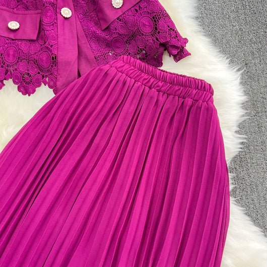 Conjunto Elegante: Blusa Suelta con Encaje y Falda Plisada de Cintura Alta - Image 26