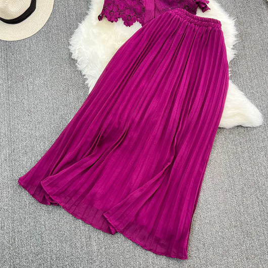 Conjunto Elegante: Blusa Suelta con Encaje y Falda Plisada de Cintura Alta - Image 28