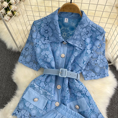 Conjunto Elegante: Blusa Suelta con Encaje y Falda Plisada de Cintura Alta - Image 34