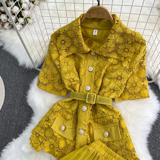 Conjunto Elegante: Blusa Suelta con Encaje y Falda Plisada de Cintura Alta - Image 38