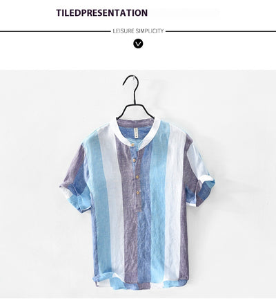 Camisa de Lino Manga Corta con Cuello de Pie para Hombre - Image 8