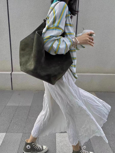 Bolso Bucket de Cuero Genuino Ante Esmerilado Gran Capacidad - Image 86