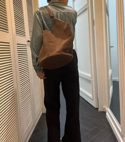 Bolso Bucket de Cuero Genuino Ante Esmerilado Gran Capacidad - Image 88