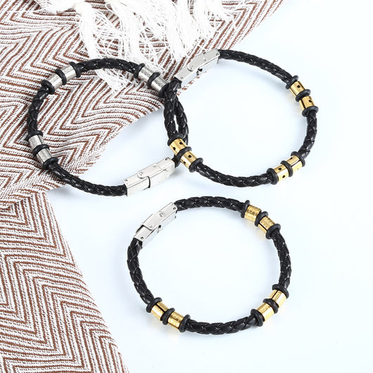 Pulsera de Pareja en Acero Inoxidable y Cuero Tejido - Image 20