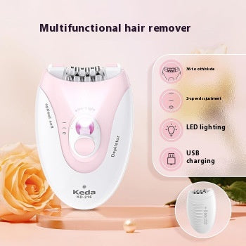 Pink and white Keda KD-216 multifunctional epilator with 36-tooth blade, LED light, and USB charging. - Image 16
