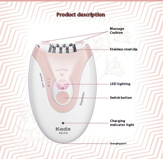 Pink and white Keda KD-216 multifunctional epilator with 36-tooth blade, LED light, and USB charging. - Image 17