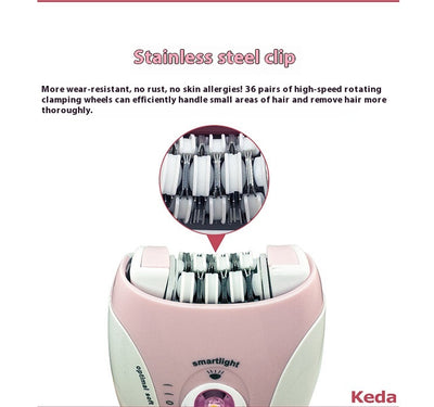 Pink and white Keda KD-216 multifunctional epilator with 36-tooth blade, LED light, and USB charging. - Image 18