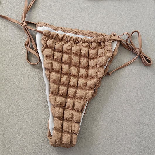 Light brown seersucker three-piece bikini swimsuit with a lace-up triangle top, tie-side bottoms, and a matching wrap skirt. - Image 9