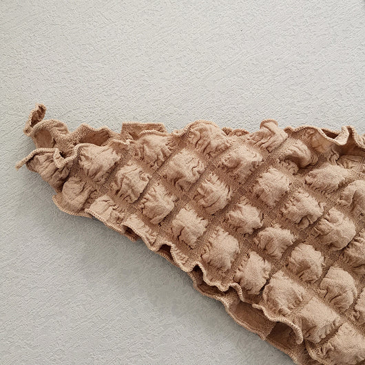 Light brown seersucker three-piece bikini swimsuit with a lace-up triangle top, tie-side bottoms, and a matching wrap skirt. - Image 10